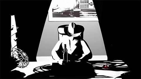 A detective sits at a desk in a shadowy film noir style 3d CGI rendering